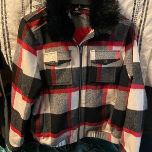 Torrid Red and Black Plaid lined zip up jacket with Faux Fur collar